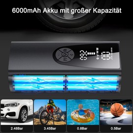 Tragbar Elektrische Luftpumpe Fahrradpumpe mit 6000mAh Akku Kompressor, 150PSI Akku Luftpumpe Luftkompressor mit LCD Digital Pressure Gauge & LED Light for Auto, Motorrad, Ball, Luftmatratze
