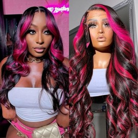 Agairl Ombre Lace Front Wig Human Hair 13x6 Pink And Black Wigs 210% Density Skunk Strip HD Lace Frontal 1B/Pink Highlight Body Wave Lace Front Wigs Human Hair 22 Inch