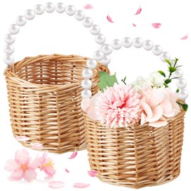 Soaoo Set of 2 Wicker Rattan Wedding Flower Girl Basket Woven Rattan Storage Basket with Pearl Handles Woven Eggs Candy Basket for Wedding Home Garden Decoration Party Supplies