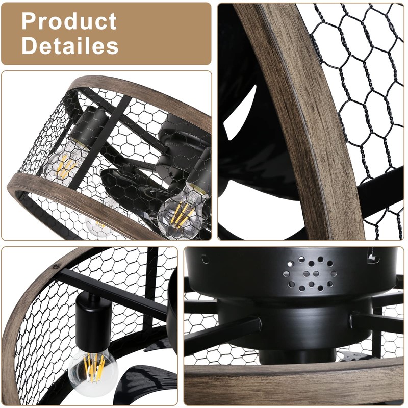 Ohniyou 20'' Flush Mount Caged Ceiling Fan with Lights Remote