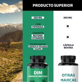 Beyond Vitamins | Dim Suplemento 300 Mg | Diindolilmetano Avanzado + Piperina Al 95% + Calcio | Cápsulas Vegetales Vcaps | 2 Meses