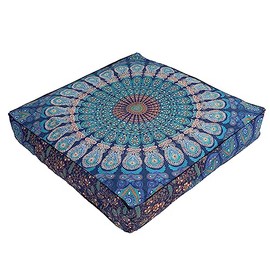 35" Mandala Large Floor Pillow Cover Meditation Cushion Seating Throw Hippie Square Colourful Decorative Bohemian Accent Boho Chic dog bed Indian Pouf Ottoman Handmade COVER ONLY (Peacock Blue)