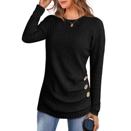 ANRABESS Women Long Sleeve Tunic Top with Leggings Crewneck Ribbed Knit Buttons Shirts 2025 Fall Casual Lightweight Sweaters Black Medium