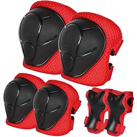 EASTINEAR Kids Protective Gear Set 6 in 1 for Boys and Girls Ages 3-9, Kids Knee Pads Elbow Pads Wrist Guards, Toddler Safety Pads for Skateboard Bike Roller Skate Scooter (Red)