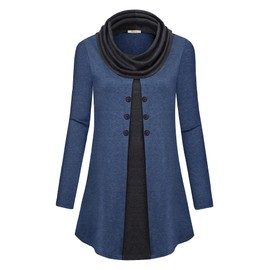 Bebonnie Winter Tunic Tops,Ladies Cowl Neck Cotton Long Tunics for Leggings Long Sleeve Sweaters Loose Thick Button Sweatshirts Knit A Line Dressy Winter Leggings Shirts Fall Fleece Blouse Blue M