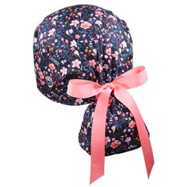 CALOMED Scrub Cap for Women and Men, Ponytail Scrub Caps, Working Hat, Head Cover with Ribbon Ties and Buttons, Long Hair (Small Flowers on Black)