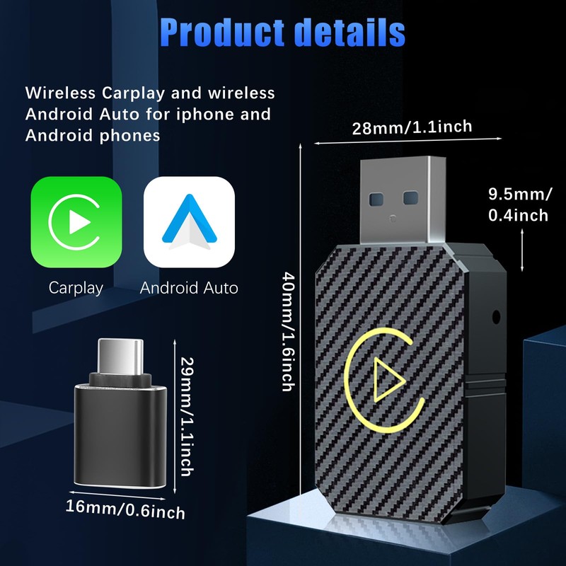 2-in-1 Wireless Adapter for Android Car and CarPlay, USB-C/A, Plug