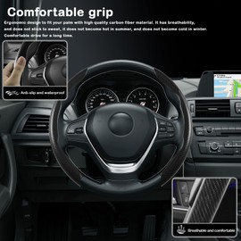 Carbon Fiber Steering Wheel Cover, Snap on Car Steering Wheel Cover Set Accessories Wrap Grip Non Slip Protector Universal (Laser Carbon Black)