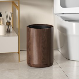 LEASYLIFE 8L/2.1GAL Modern Metal Waste Bin with Realistic Wood Texture,Built-in Bag Holder,Open-Top Trash Bin for Bathroom,Home,Office,Living Room (2.1gal Round)