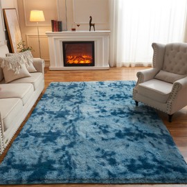 Arbosofe Area Rugs for Living Room Bedroom, 5X8 ft Tie Dyed Blue Fluffy Fuzzy Shag Small Carpet Soft Plush Furry Clearance Rug, Cute Rugs for Nursery, Playroom, Kids and Girls Room