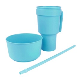 Stadium Tumbler with Snack Bowl 2 In 1 Beverage Cup Top Snack Bowl for Movie Leakproof Snack Tumbler with Straw Portable Reusable Snack and Drink Cup for Home Travel (Light Blue)