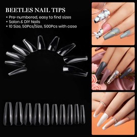 Long Coffin Fake Nail Tips - Beetles Gel Polish 500Pcs Acrylic Press on Nails Clear Artificial False Nails with Nail Glues for Acrylic Nail/Dip Powder Nails/Poly Nail Extension Gel Nail Art DIY Home