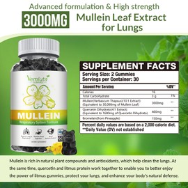 Vemluta 1 Pack 3000MG Mullein Gummies for Lung - Mullein Leaf Extract for Lungs - Quercetin with Bromelain for Respiratory, Immune & Digestive Support, Mullein Drops for Lungs 60 pcs Blueberry Gummy