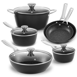 Induction Cookware Nonstick, BEZIA Pots and Pans Set for Induction Cooktop, Compatible with All Stoves, Dishwasher Safe Kitchen Cooking Pan Set with Frying Pans, Saucepans & Stockpot, 10-Piece (Black)