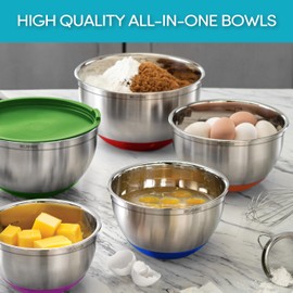 Belwares Mixing Bowls with Lids Set of 5 - Nesting Bowls with Airtight Lids and Graters - Stainless Steel Non-Slip Mixing Bowl for Baking, Food Storage and Prepping (Multicolor)