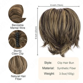 PORSMEER Claw Clip in Short Black Brown Highlights Ponytail Hair Extension with Bendable Metal Wire Hair Pieces for Women Messy Bun Hair Piece, Fake Pony Tail DIY Styles