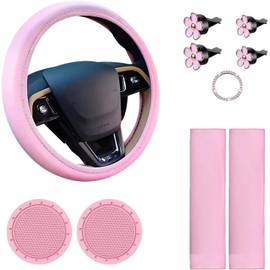 Lenkradbezug für Damen, universal, 10 Stück, Autozubehör mit Sicherheitsgurt-Schulterpolster, Getränkehalter, Lüftungsschlitz-Clip, Startknopf-Aufkleber (rosa Lenkradbezug-Set)
