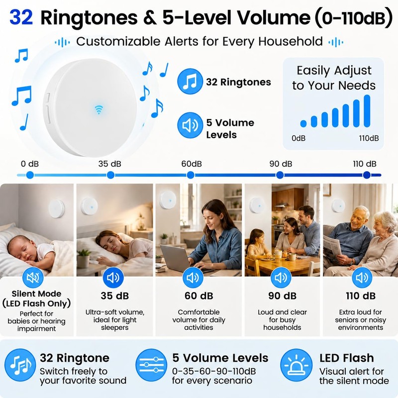 LUCKYDUO WiFi Doorbell Chime for Alexa, 7 Brands, 32 Tones,