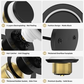Sogmeter Matte Black Tub Drain Kit with Hair Catcher, Premium Brass Tip-Toe Bathroom Tub Drain Replacement and 2-Hole Overflow Faceplate, 11.5/16 UNC Bathtub Drain Stopper Assembly