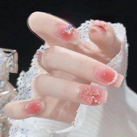 Press On Nails, Short Square Shape, Stick on Nails，Glue on Nails Fake False Nails on 24PCS for Women and Girls (Pink Cute)