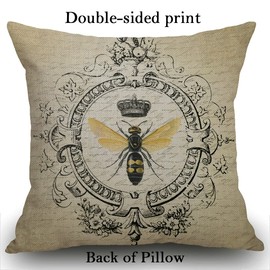 Smooffly Cushion Cover Modern Vintage French Queen Bee Decorative Throw Pillow Case Throw Pillow Cover 18x18 inches Cotton Linen Home Sofa Decor Pillowcase (French-Bee)