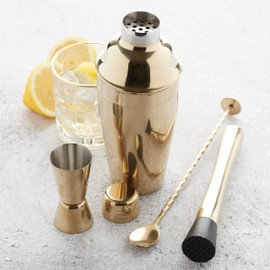 Point-Virgule Bartender Cocktail Shaker Set with Cocktail Shaker, Jigger, Bar Spoon and Cocktail Pestle, 4 Pieces, Gold