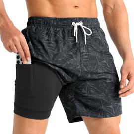 iCKER Swim Shorts Men Swim Trunks 2 in 1 Compression Liner Quick Dry Swimming Board Beach Shorts,Grey STK397,XL