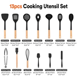 Kitchen Utensils Set, 13PCS Silicone Cooking Utensils, Heat Resistant Kitchen Utensil Spatula Set for Nonstick Cookware, Wooden Handles Kitchen Gadgets Tools Set