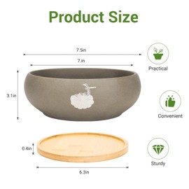 Ceramic Planters with Wooden Tray: 7" Hydroponic Lotus Bowl Planter for Water Lilies | Nature-Inspired Carvings Indoor/Outdoor Decorative Pot | Elegant Aquatic Garden Centerpiece