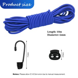 10M Elastic Cord, 1/4" Thick Shock Cord Heavy Duty 32Ft Elasticated Shock Cord Black Bungee Cords with Hooks for Caravan Camping Cargo Craft Rack (6mm x 10M, Blue)