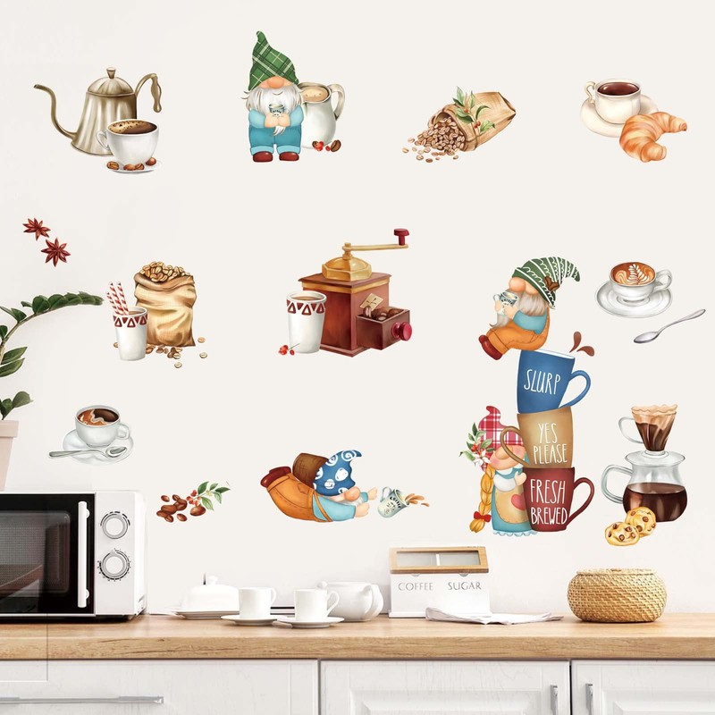 decalmile Kitchen Gnome Wall Decals Coffee Tea Cup Wall Stickers