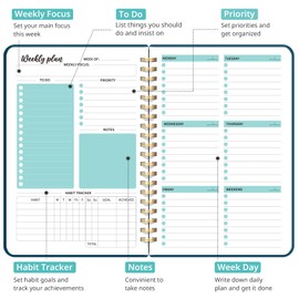 Undated Weekly Planner, Weekly To Do List Notebook with Goal & Habit Tracker Organizer, A5 Weekly Planner Notebook with Spiral Binding, 6.1" x 8.2" - Navy
