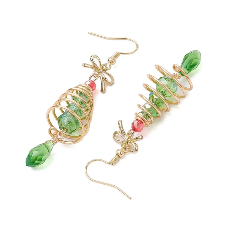 Gold and Green Glass Christmas Tree Dangle Earrings Girls Earrings