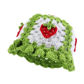 Fiewmay Crochet Bucket Hat for Women Handmade Floral Hat Portable Knitted Elastic Cute Beach Hat for Vacation Traveling (Strawberry Light Green)