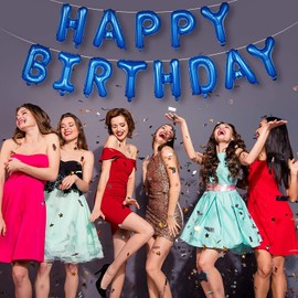 Blue Happy Birthday Balloons, 16 Inch Foil Letter Banner Balloons Self Inflating for Birthday Decorations