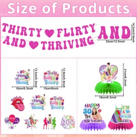 Aposwow Thirty Flirty and Thriving Decorations - 12PCS 30 Flirty and Thriving Banners with Hanging Swirls Birthday Decoration Talk 30 to Me Honeycomb Centerpieces Bday Decor Supplies for 30th Women