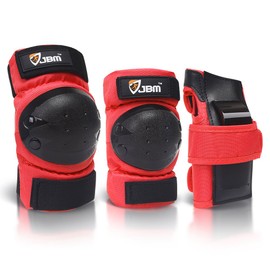 JBM international Adult / Child Knee Pads Elbow Pads Wrist Guards 3 In 1 Protective Gear Set, Red, Youth / Child