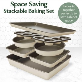 Goodful All-In-One Nonstick Bakeware Set, Stackable and Space Saving Design includes Round and Square Pans, Muffin Pans, Cookie Sheet and Roaster, Dishwasher Safe, 8-Piece, Linen