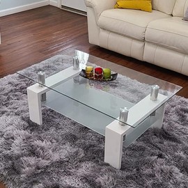 Glass Coffee Table for Living Room, Modern Coffee Table with Black Tempered Glass Top White