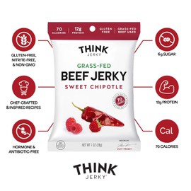 Think Jerky Sweet Chipotle Beef Jerky, Grass-Fed High Protein Beef, Gluten Free, No Antibiotics or Nitrates, Healthy Chef Crafted Recipe, Low Calorie and Low Fat - 1.0 oz Bags, 8 Pack