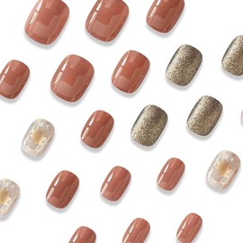 Golden Fall Press on Nails Short Maple Leaf Fake Nails Square Shape Autumn Leaves False Nails with Gold Design Glitter Coffee Brown Full Cover Glue on Nails Acrylic Thanksgiving for Women Manicure 24