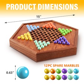 15" Huge Wooden Chinese Checkers with Drawers 12 Bonus Spare Marbles| Natural Wooden Board Game| Includes 60 Colorful Glass Marbles | Family Board Game for Kids and Adult(15 Inches)