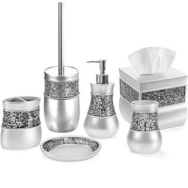 Crackled Glass Silver Bathroom Accessories Set - 6 Piece Bathroom Set Includes: Toilet Brush and Holder Set, Tissue Box Cover, Toothbrush Holder, Soap Dispenser, Soap Dish & Tumbler