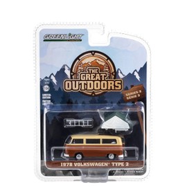 Greenlight 38050-B The Great Outdoors Series 3-1978 V-Dub Type 2 (T2B) - Panama Brown and Dakota Beige with Camp'otel Cartop Sleeper Tent 1/64 Scale