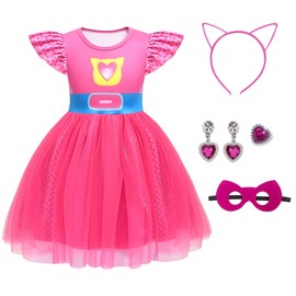 SHELOVESIT Girls Cute Kitties Tulle Dress with Flutter Sleeves Cat Dress Up Outfits for Christmas - 120cm/5T-6T - Red