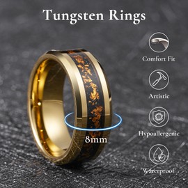 King Will Mens Ring 8mm Rose Gold Tungsten Carbide Wedding Rings with Gold Foils Inlay Beveled Edge Wedding Band Comfort Fit, Size 11