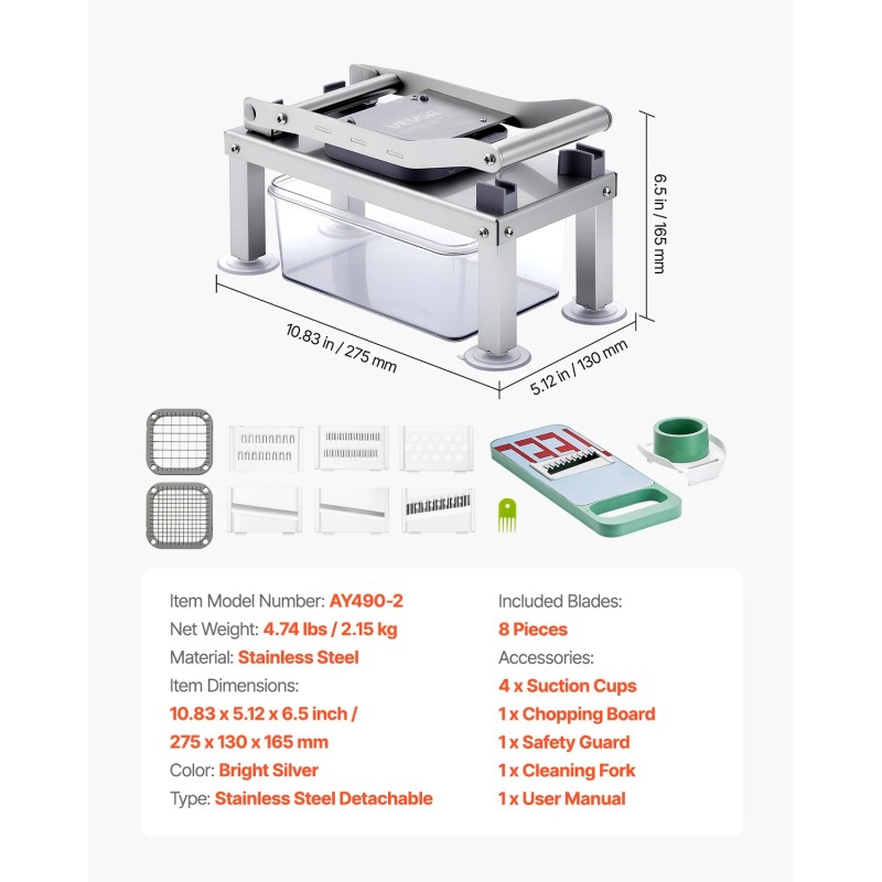 VEVOR Vegetable Chopper Mandoline Slicer All-in-1 Food Veggie Cutter 8