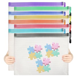 COMNICO 24PCS Mesh Zipper Pouch File Puzzle Storage Bags 8 Colors Waterproof Plastic Bags A3 17x12 Inches Large Reusable Clear Travel Pouches for Organizing Board Game Office Home School Supplies