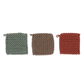 Creative Co-Op Cotton Crocheted, 3 Colors Pot Holders, 8" L x 8" W x 0" H, Multicolor