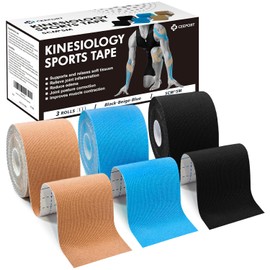 Ceeport Kinesiology Tape (5cm x 5m, 3 Roll) Elastic Muscle Sports Tape for Joint and Body Muscle Support, Shoulder, Ankle, Elbow, Wrist, Shin Splints and Knee Muscle Pain Relief (Black+Beige+Blue)